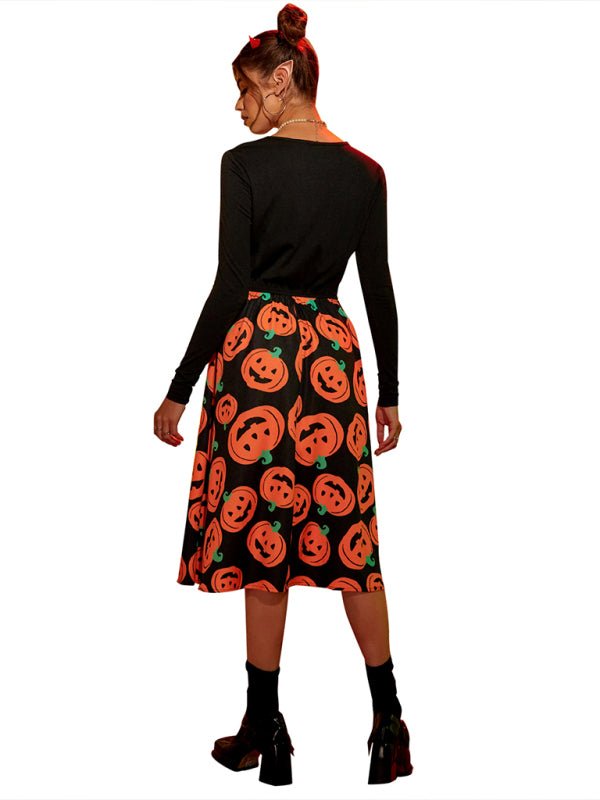 Kvinnors festklänning med pumpamönster, stilren midilängd, idealisk för halloweenfirande och kostymfest.