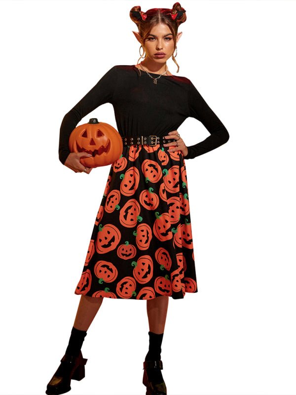 Midiklänning för kvinnor med detaljerat pumpatryck, en mångsidig halloweenklänning för fest och firande.