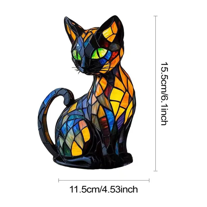Kattformad bordslampa i färgat glas, handgjord med LED, ger en unik och mysig touch till vardagsrum eller sovrum.