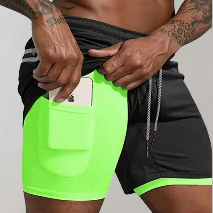 Detaljbild av Herr 2-i-1 shorts i mesh, med inbyggda kompressionsbyxor.
