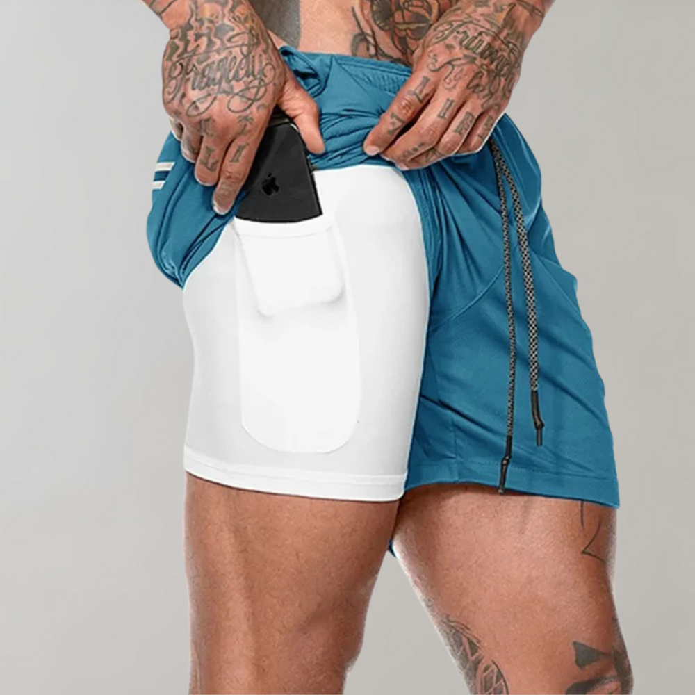 Snygga Herr 2-i-1 shorts i svart, designade för maximal rörlighet.