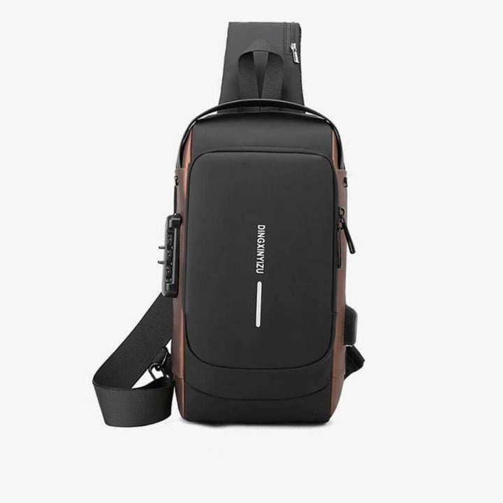 Interiör av herr slingväskan, organiserade fack för teknik och reseobjekt, USB-funktion