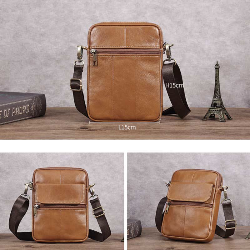 Man bär elegant, tidlös axelväska i läder. Stilren crossbody-väska som komplementerar outfiten.