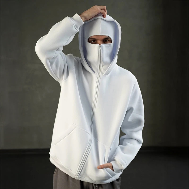 Avslappnad balaclava huvtröja för herr med dragkedja, perfekt för kyligt väder.