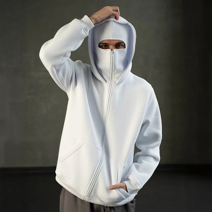 Avslappnad balaclava huvtröja för herr med dragkedja, perfekt för kyligt väder.