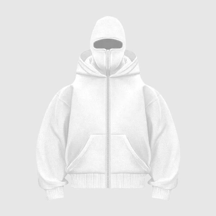 Modern herr balaclava huvtröja med full dragkedja, idealisk för urban stil.