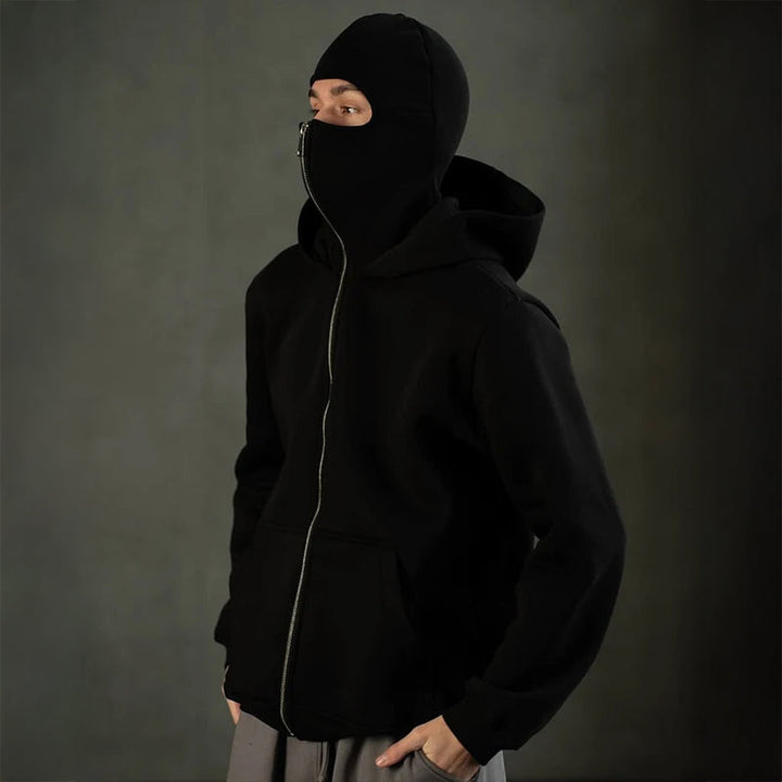 Herr balaclava huvtröja i mjukt tyg med dragkedja, avslappnat urban ytterplagg.