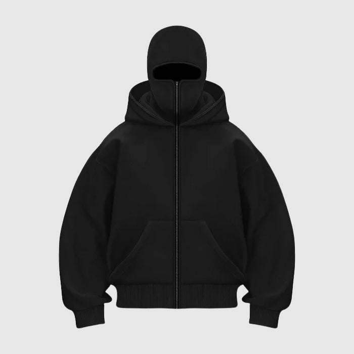 Stilren balaclava huvtröja för herr med dragkedja, perfekt för streetwear-looks.