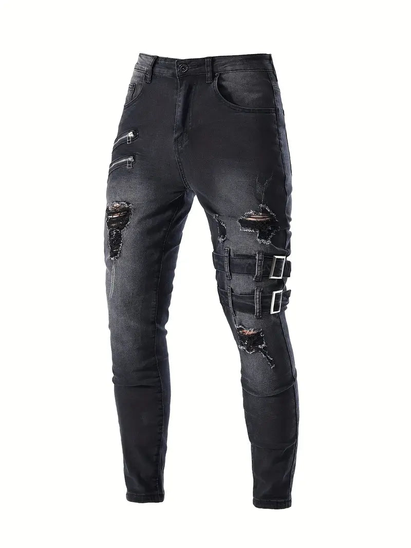 Herr biker jeans med quiltade detaljer i mörkblå denim. Avslappnade jeans för en modern urban stil.