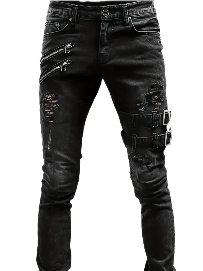 Svarta herr biker jeans med quiltade knädetaljer. Trendiga och bekväma för vardagsbruk och män mode.