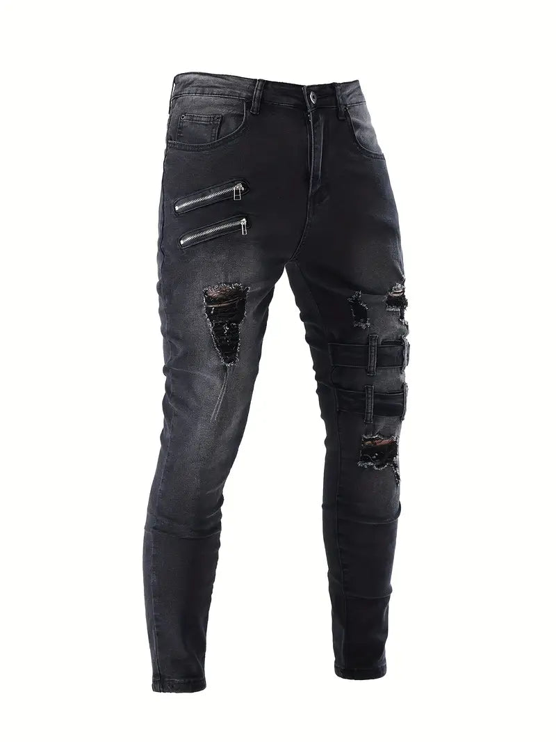 Avslappnade herr denim jeans, biker modell med unika quiltade paneler för en cool och bekväm look.