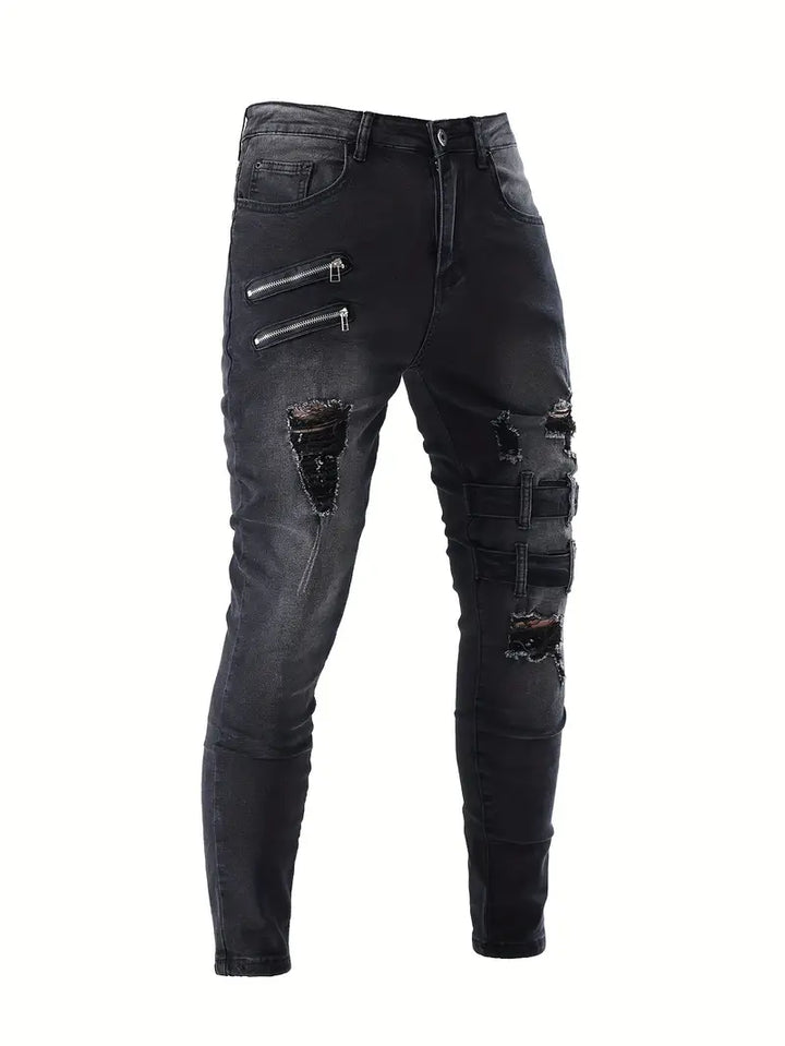 Avslappnade herr denim jeans, biker modell med unika quiltade paneler för en cool och bekväm look.
