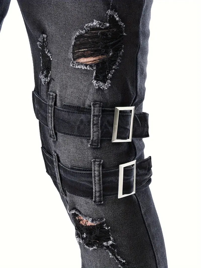 Bekväma herr jeans med quiltade detaljer, perfekt för avslappnad vardag. Blå biker jeans för män.
