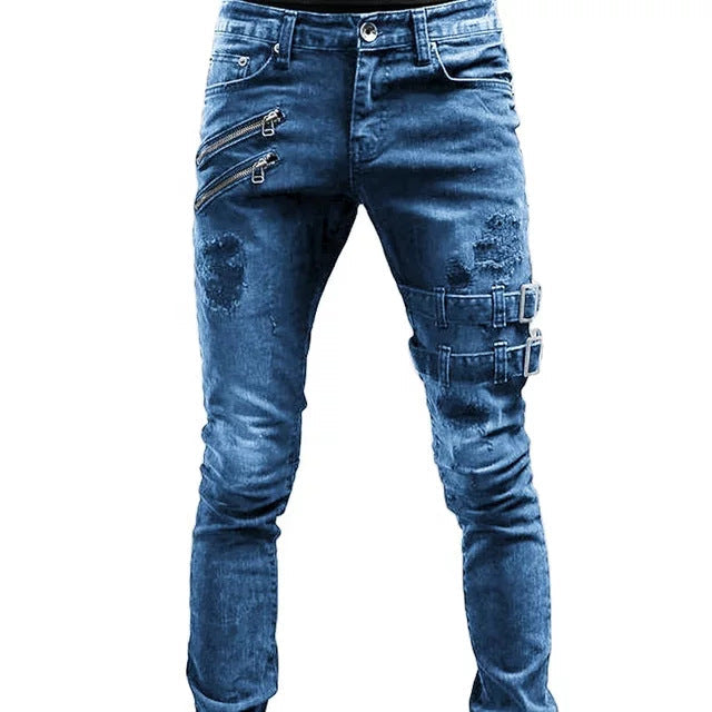 Trendiga herr jeans i biker-stil med snygga quiltade detaljer. Idealisk för en modern denimstil.