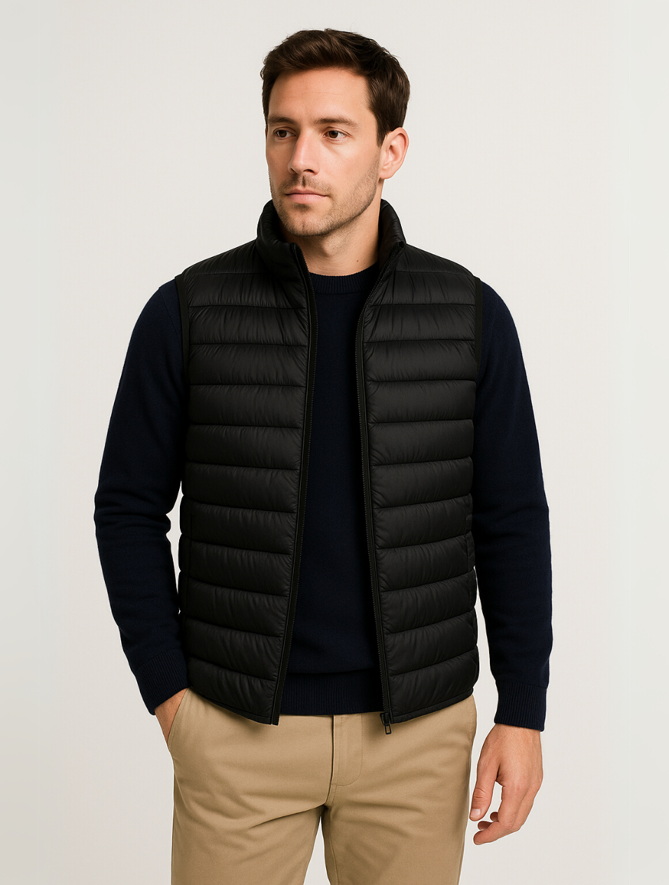 Elegant minimalistisk herr bodywarmer, quiltad för en modern stil. Lättviktig väst som är perfekt som ytterplagg.