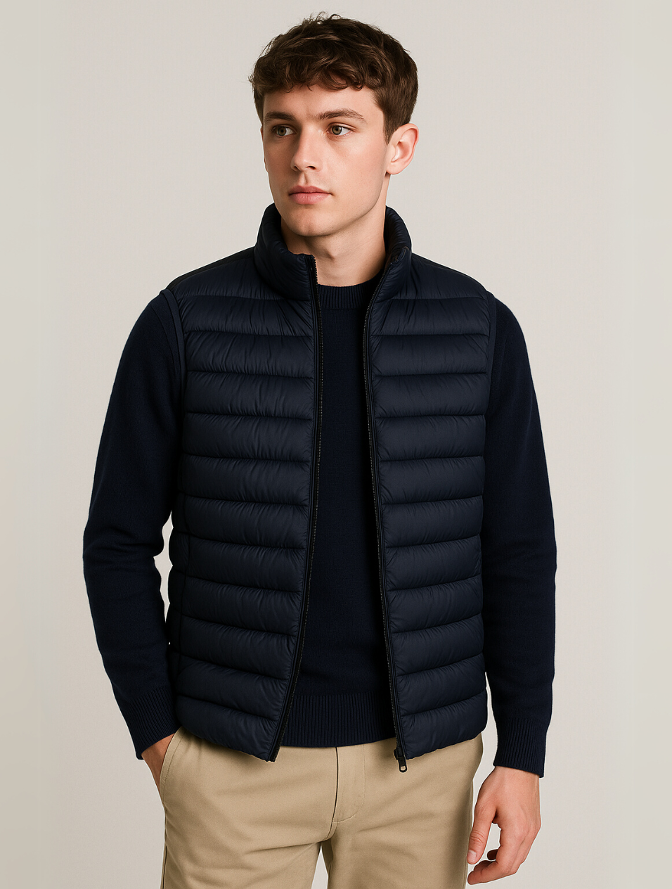 Herr bodywarmer med fin quiltning i minimalistisk stil. En lätt och bekväm väst som är ett stilrent ytterplagg för män.