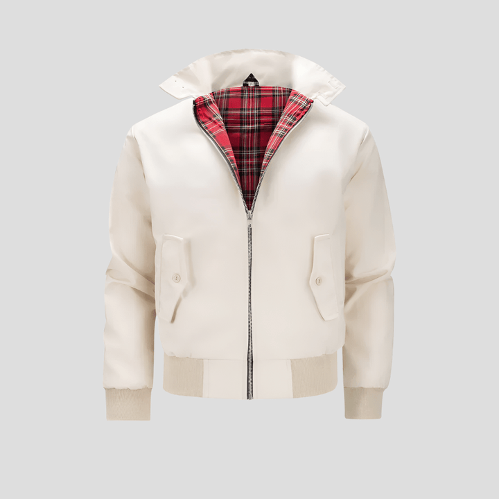 Stilren herr bomberjacka med tidlös rutig design. Finns i mörkblå, beige och svart. Idealisk vår-höstjacka.