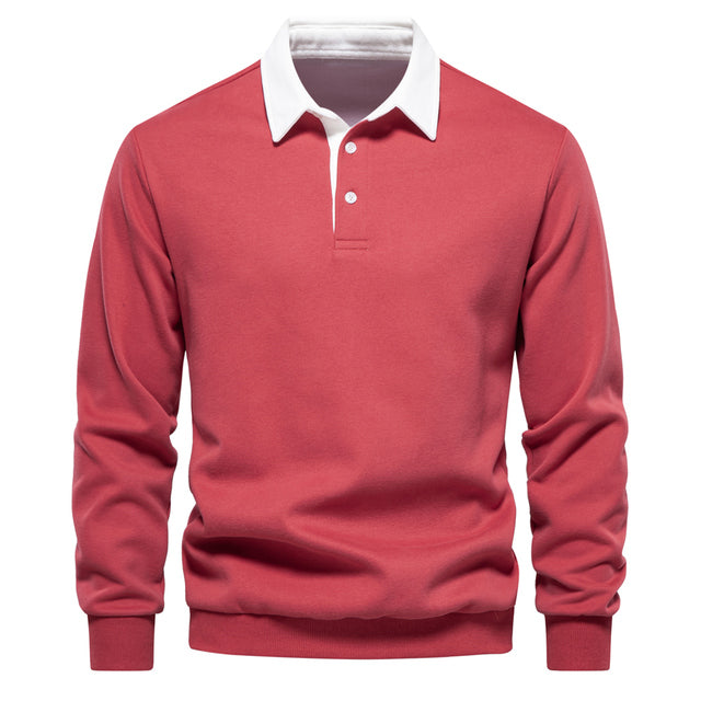 Närbild på textur & knappdetaljer på herrtröja. Skrynkelfri, långärmad business casual för optimal komfort.