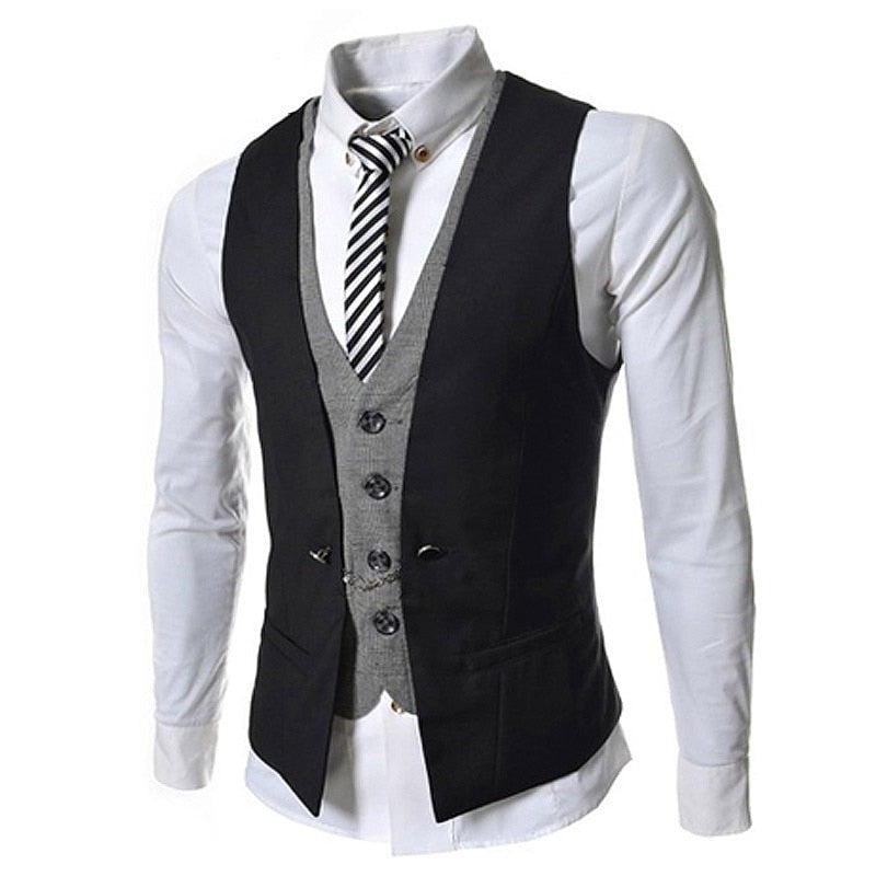 Herr Business Kostymväst Slim Fit, marinblå, med fyra knappar, elegant formell herrkläder.
