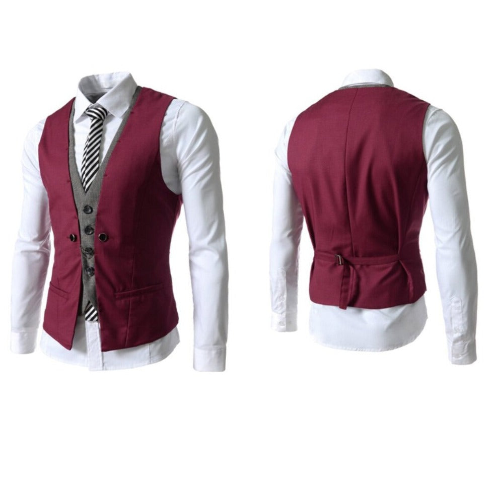 Modell bär svart slim fit kostymväst för herr, med vit skjorta, redo för kontorskläder.