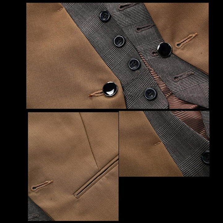 Helkroppsbild av en man i mörkblå business kostymväst slim fit, över en vit skjorta, formell.