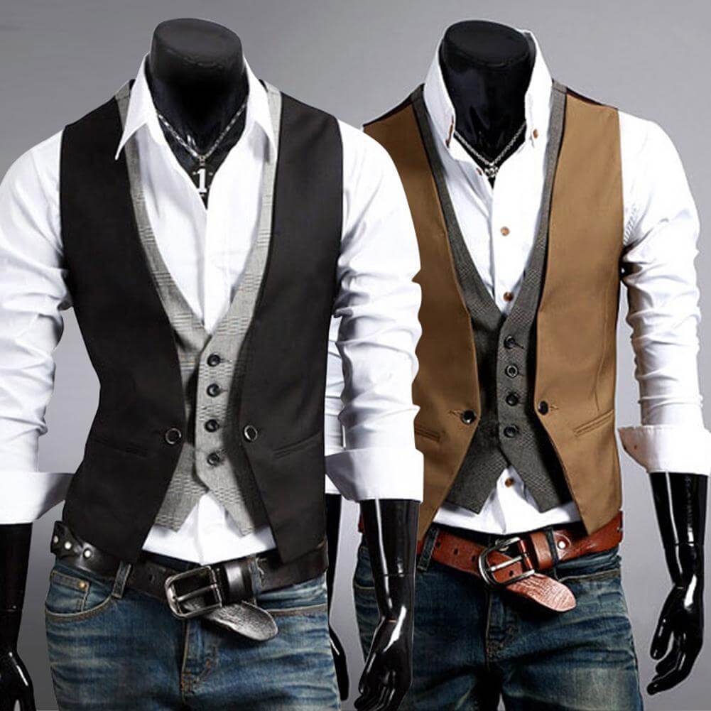 Slim Fit kostymväst för män i grått chambray-tyg, perfekt för business och festkläder.