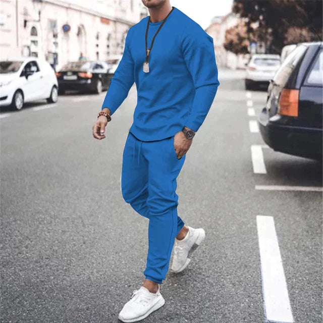 Herr casual set med rundhalsad långärmad tröja & byxor med dragsko. Bekväm vardagsstil.