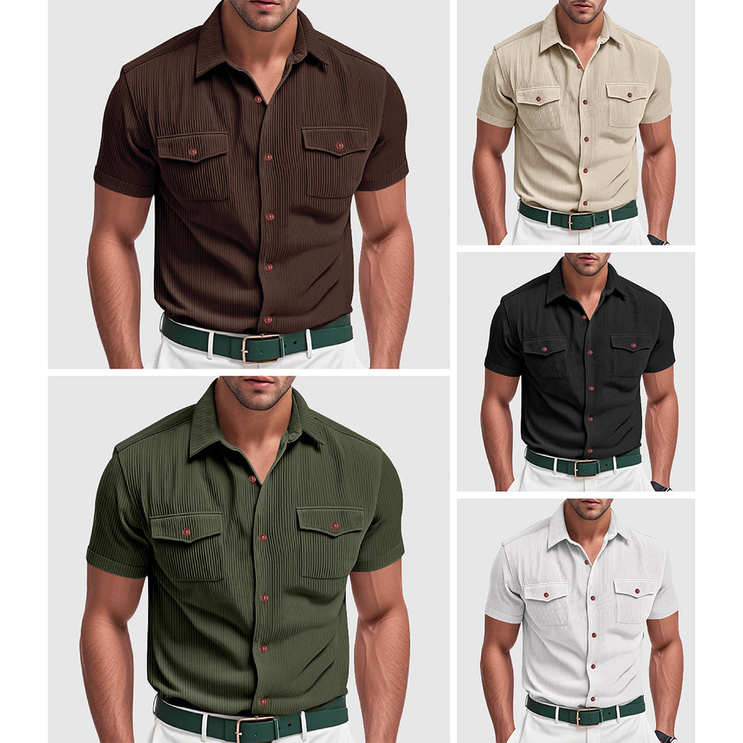 Herr casual äventyrsskjorta med pikékrage och bröstfickor. Urban stil för vårmode & sommarstil.