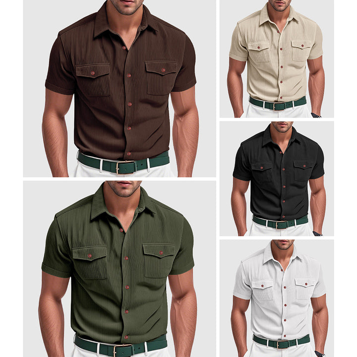 Herr casual äventyrsskjorta med pikékrage och bröstfickor. Urban stil för vårmode & sommarstil.