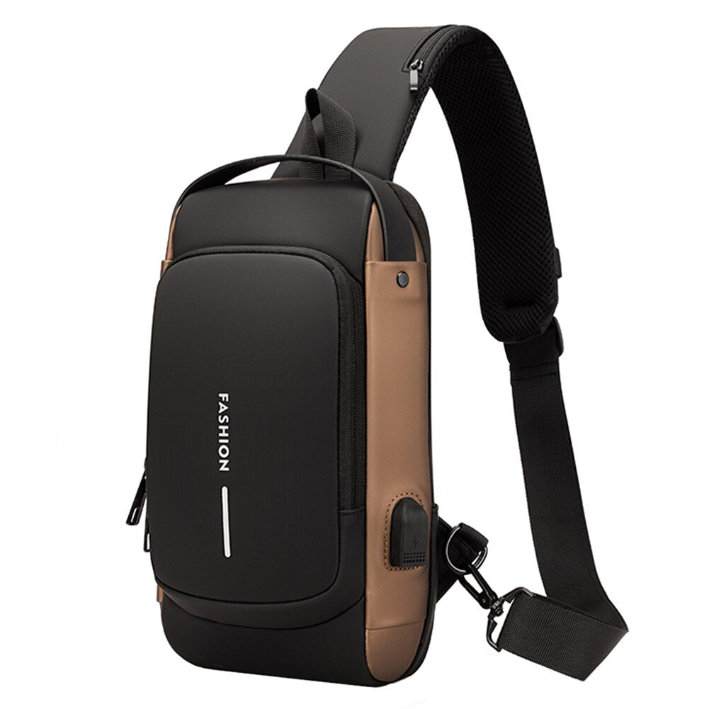 Herr crossbody väska i PU-läder med USB-laddning, perfekt för pendling och resa.