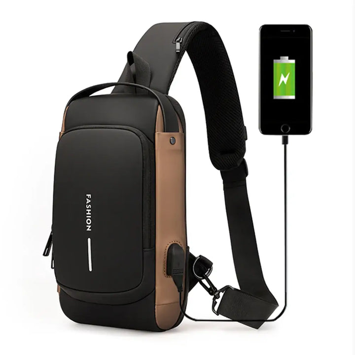 Smart herr crossbody för tech-prylar, med USB-laddning och säkra fack för trygg förvaring.
