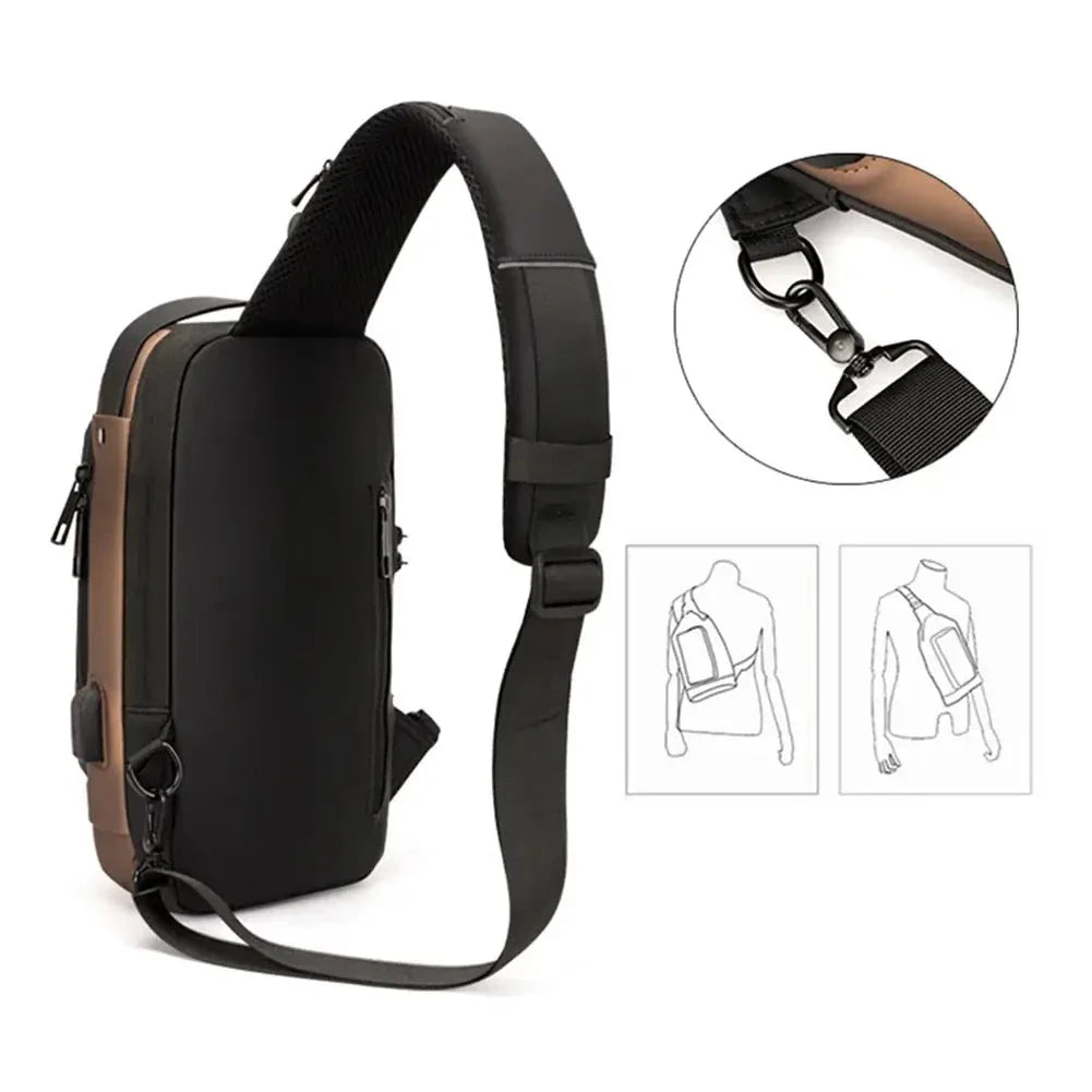 Elegant herr crossbody i PU-läder, USB-laddningsfunktion för den moderna, uppkopplade mannen.