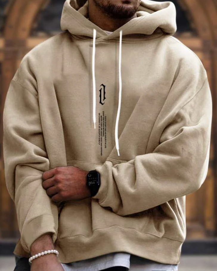 Beige Herr Elegant Hoodie. Bekväm och stilren huvtröja för vardagsmode, en modern fashion hoodie för män.