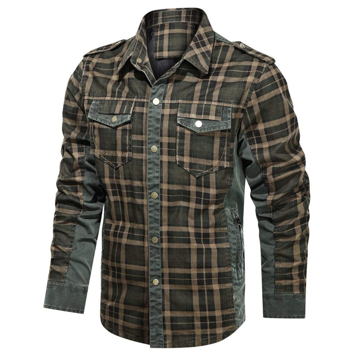 Grå/blå rutig flanellskjorta för män. Bekväm långärmad vardagsskjorta i bomull/polyester för utomhusbruk.