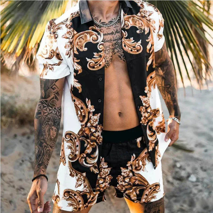 Herr fritidsuppsättning med 3D-tryckt kortärmad skjorta & oversized shorts. Perfekt för sommar & strand.