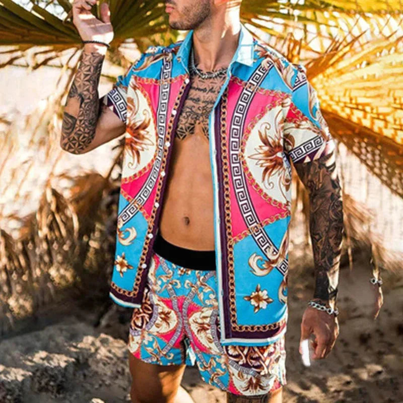 Mönstrad tvådelad herruppsättning med 3D-tryck. Överdimensionerade shorts för modern herrmode.