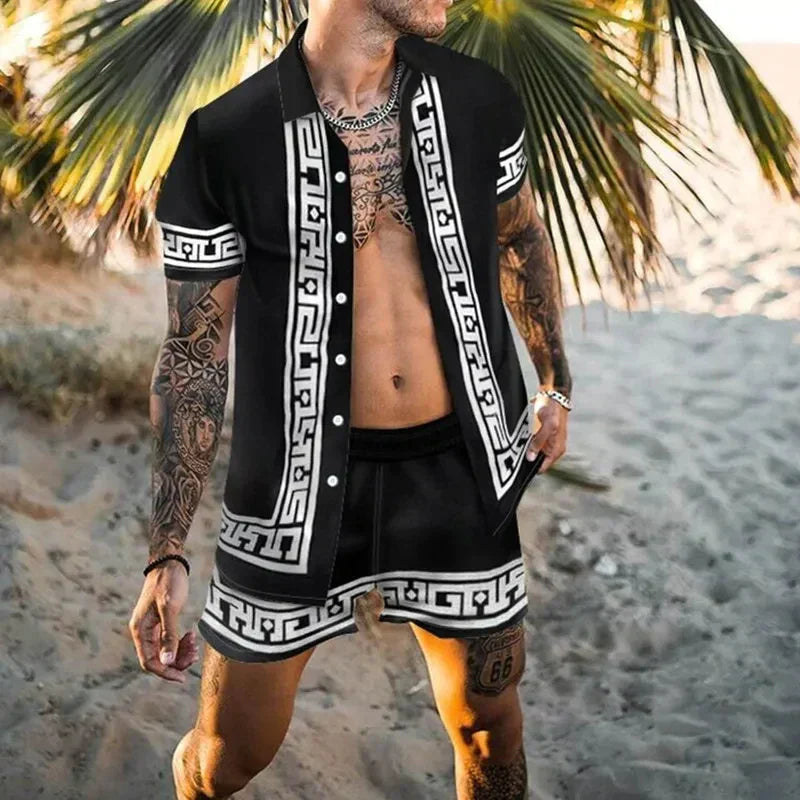 Herr sommaroutfit: 3D-tryckt kortärmad tröja & matchande mönstrade shorts. Avslappnat herrmode.