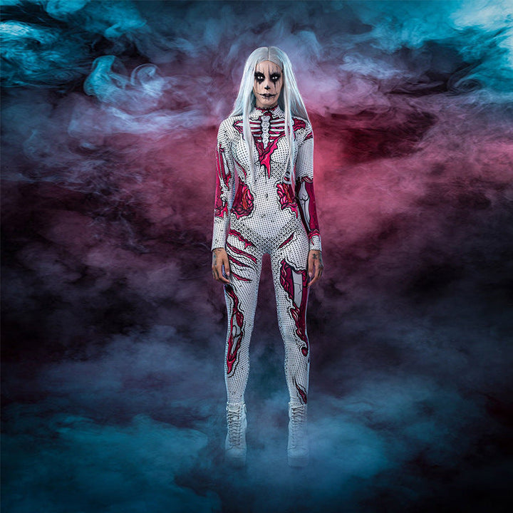 Närbild av Herr Halloweenkostym med detaljerat skräcktryck i polyester för en extra läskig utklädnad.