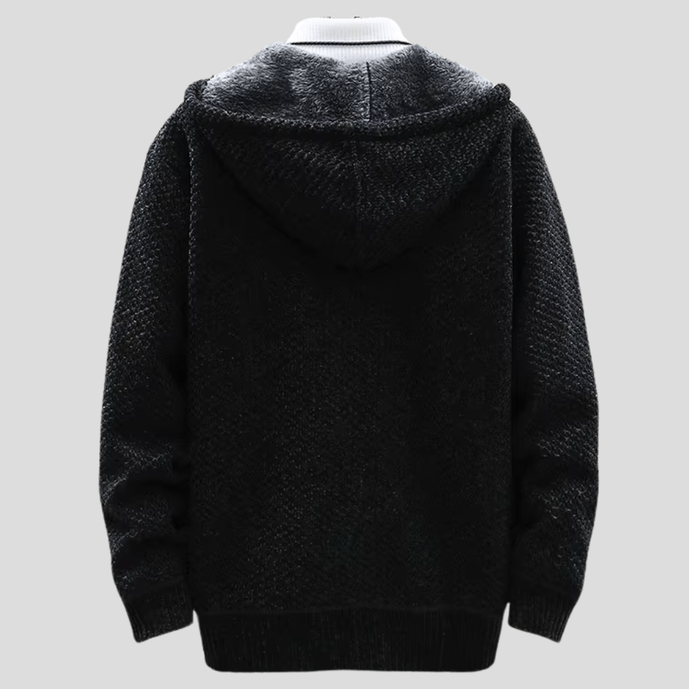 Mörkblå herr huvtröja i stickad design. Ett mångsidigt basplagg för både komfort och mode.
