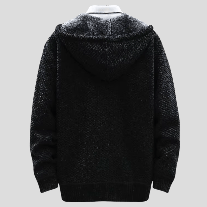 Mörkblå herr huvtröja i stickad design. Ett mångsidigt basplagg för både komfort och mode.