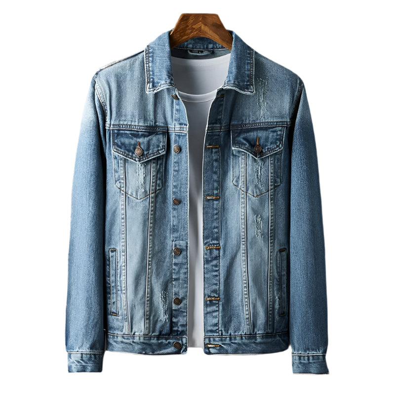 Herr jeansjacka med skräddarsydd passform och stilren kontrastpiping. Tidlös denimjacka för vår och höst.