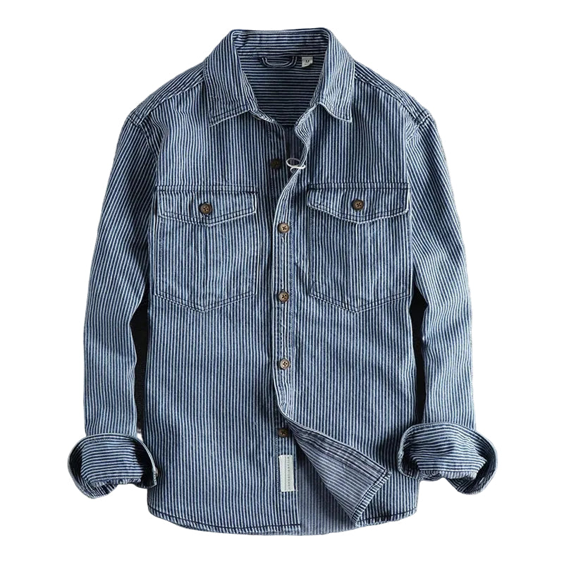 Herr jeansskjorta vintage stil med blå/vita ränder, långärmad för avslappnad vardagsmode.
