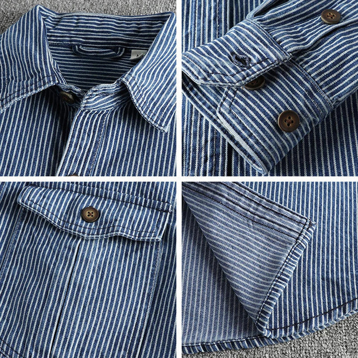 Man bär avslappnad herr jeansskjorta med randig design och vintage modeattityd.