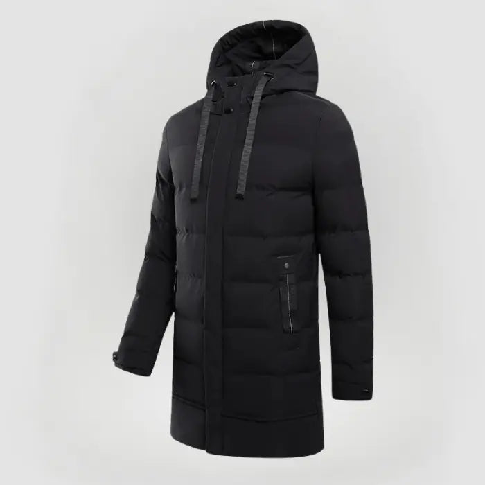 Bakifrån: Herrjacka i klassisk stil för vintern, tjock och fodrad, framhäver dess värmebevarande design.