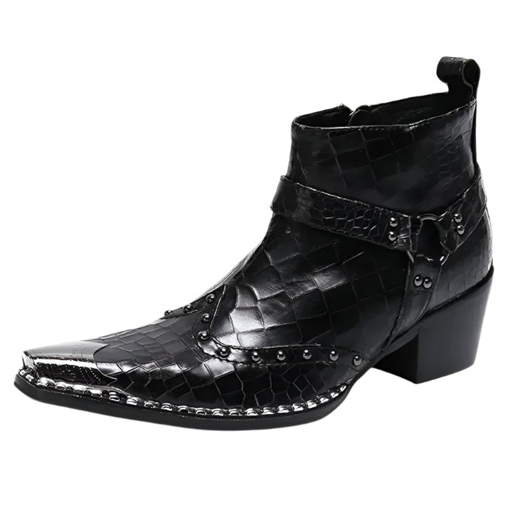Herr korta cowboyboots med unikt krokodilltryck och praktisk dragkedja. Eleganta stövlar för vardagsstil.