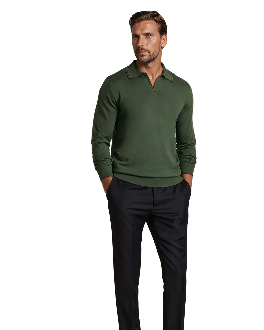 Herr långärmad pikétröja i minimalistisk stil, mörkblå för smart casual vardagsstil.