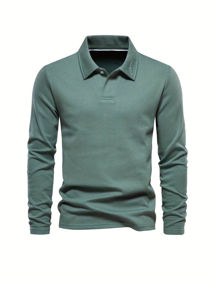 Herr pikétröja med lång ärm, olivgrön, klassisk krage, idealisk för en bekväm fritidslook.