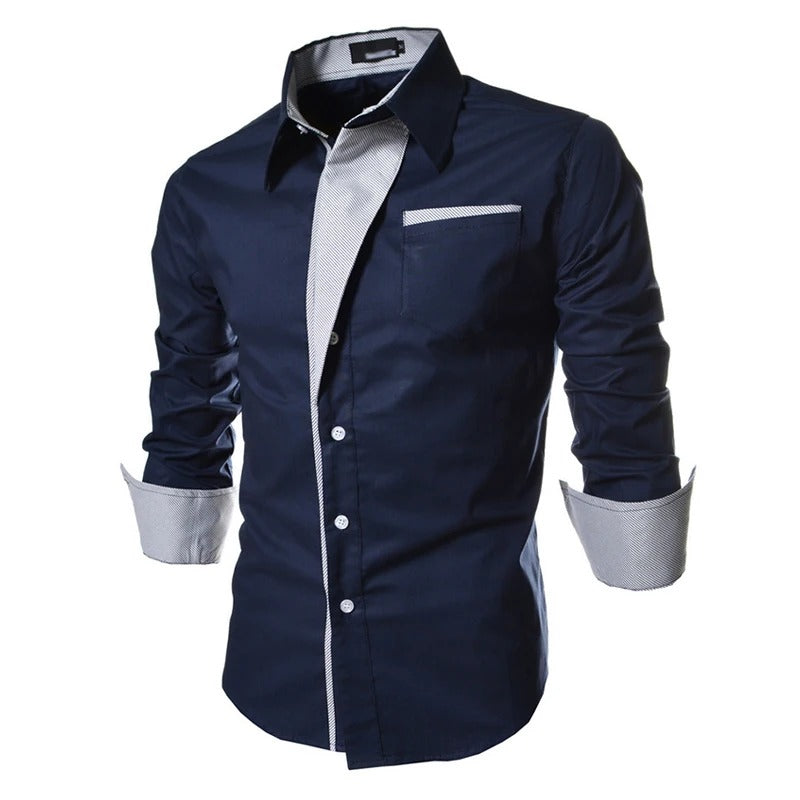 Herr långärmad randig slim fit skjorta i bomullspolyester, perfekt för kontoret.