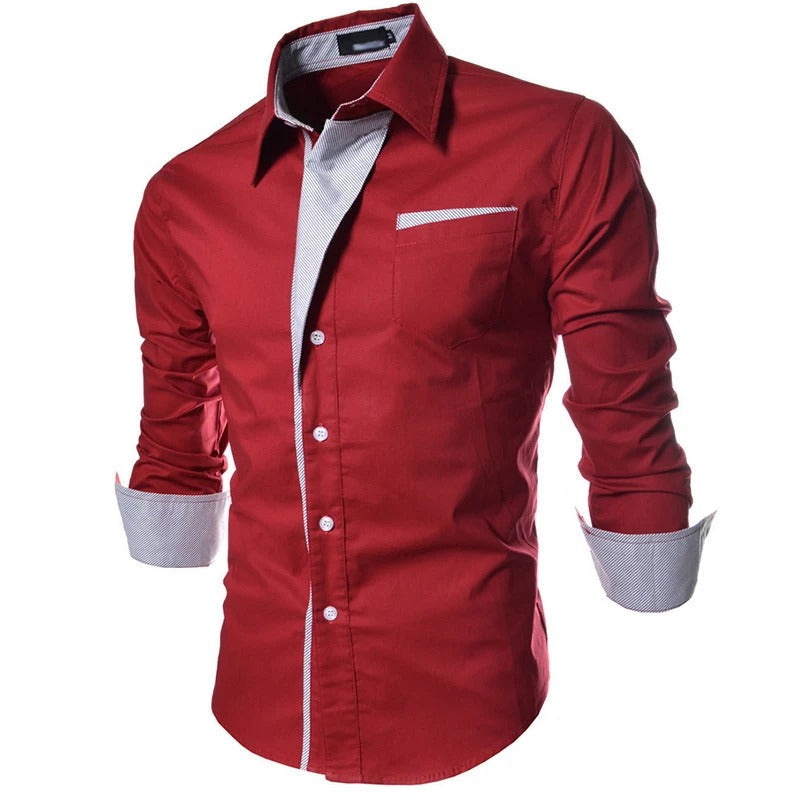 Stilren randig slim fit skjorta för män, tillverkad av bomullspolyester för kontorsbruk.