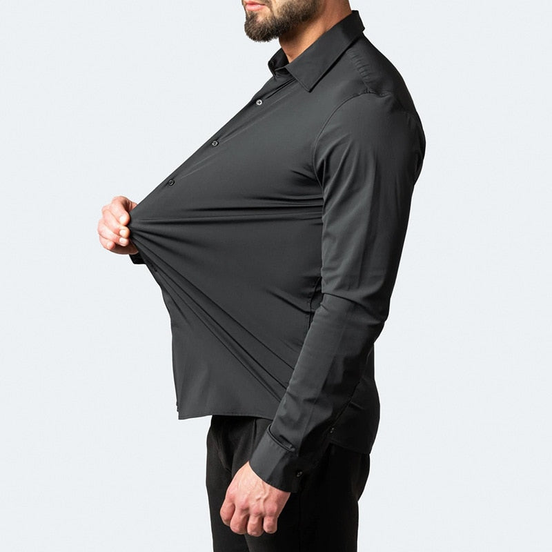 Grå långärmad stretchskjorta för män, modern design, bekväm och stilfull